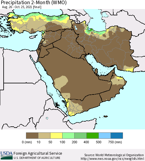 Middle East and Turkey Precipitation 2-Month (WMO) Thematic Map For 8/26/2021 - 10/25/2021