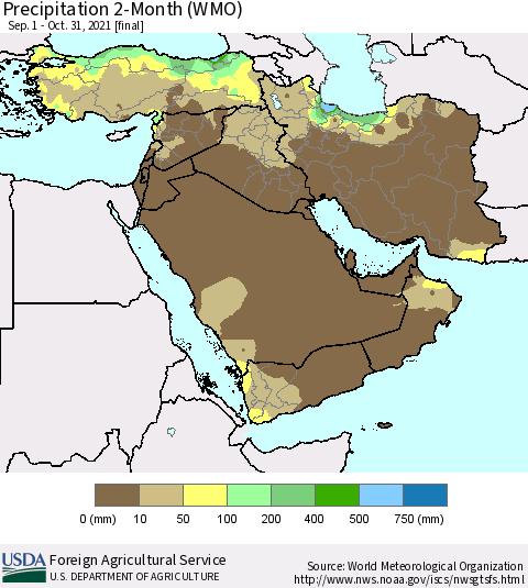 Middle East and Turkey Precipitation 2-Month (WMO) Thematic Map For 9/1/2021 - 10/31/2021