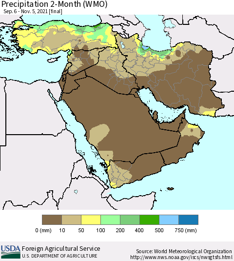 Middle East and Turkey Precipitation 2-Month (WMO) Thematic Map For 9/6/2021 - 11/5/2021