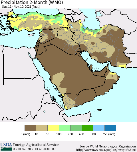 Middle East and Turkey Precipitation 2-Month (WMO) Thematic Map For 9/11/2021 - 11/10/2021