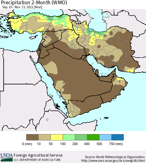 Middle East and Turkey Precipitation 2-Month (WMO) Thematic Map For 9/16/2021 - 11/15/2021