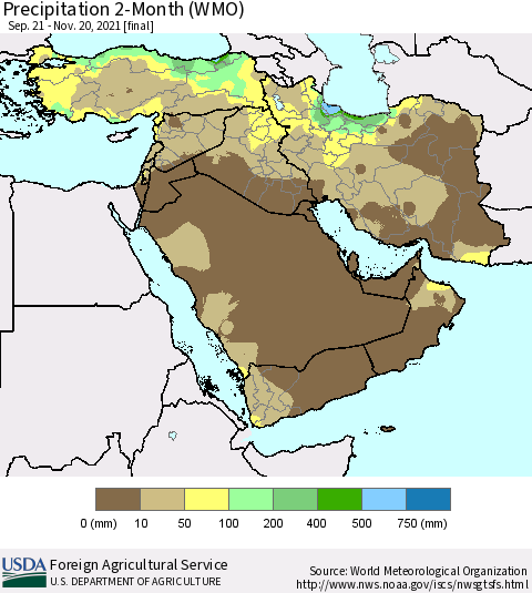 Middle East and Turkey Precipitation 2-Month (WMO) Thematic Map For 9/21/2021 - 11/20/2021