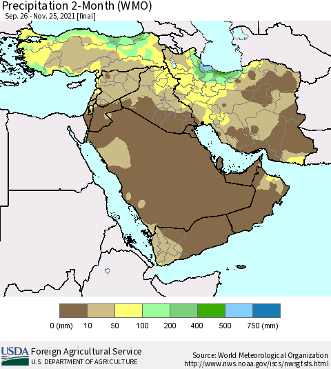 Middle East and Turkey Precipitation 2-Month (WMO) Thematic Map For 9/26/2021 - 11/25/2021