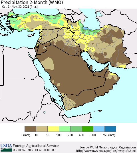 Middle East and Turkey Precipitation 2-Month (WMO) Thematic Map For 10/1/2021 - 11/30/2021