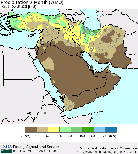 Middle East and Turkey Precipitation 2-Month (WMO) Thematic Map For 10/6/2021 - 12/5/2021