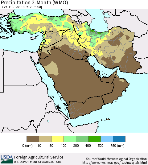 Middle East and Turkey Precipitation 2-Month (WMO) Thematic Map For 10/11/2021 - 12/10/2021
