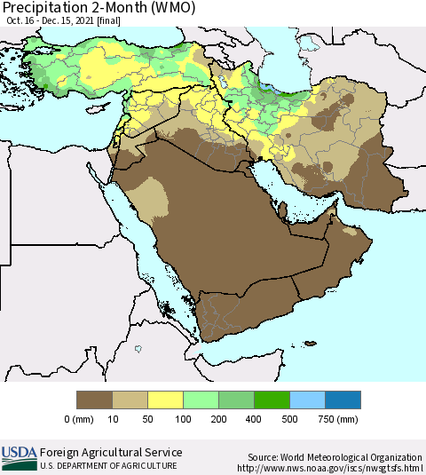 Middle East and Turkey Precipitation 2-Month (WMO) Thematic Map For 10/16/2021 - 12/15/2021