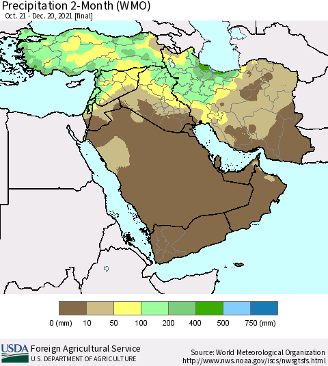 Middle East and Turkey Precipitation 2-Month (WMO) Thematic Map For 10/21/2021 - 12/20/2021