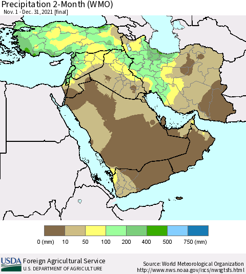 Middle East and Turkey Precipitation 2-Month (WMO) Thematic Map For 11/1/2021 - 12/31/2021