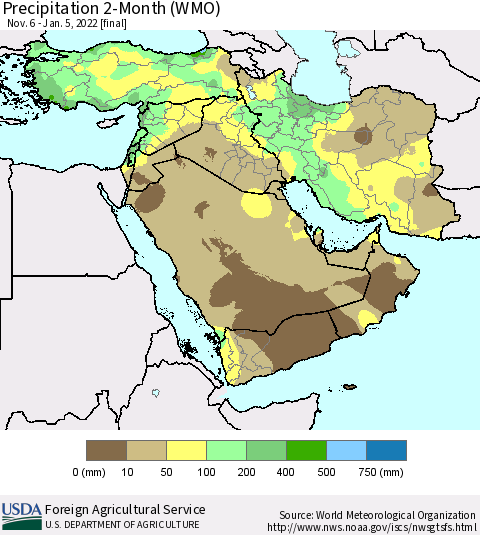 Middle East and Turkey Precipitation 2-Month (WMO) Thematic Map For 11/6/2021 - 1/5/2022