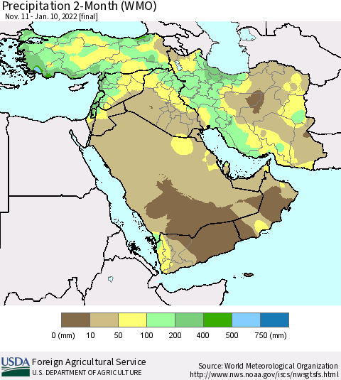 Middle East and Turkey Precipitation 2-Month (WMO) Thematic Map For 11/11/2021 - 1/10/2022