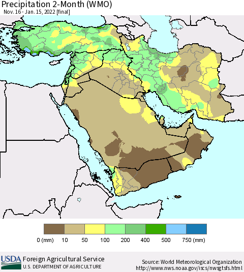 Middle East and Turkey Precipitation 2-Month (WMO) Thematic Map For 11/16/2021 - 1/15/2022