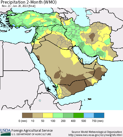 Middle East and Turkey Precipitation 2-Month (WMO) Thematic Map For 11/21/2021 - 1/20/2022