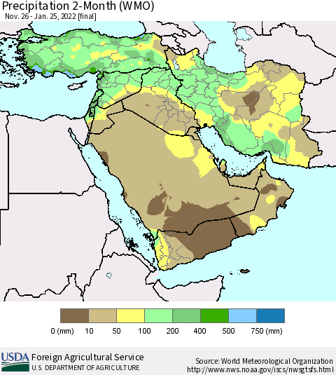 Middle East and Turkey Precipitation 2-Month (WMO) Thematic Map For 11/26/2021 - 1/25/2022