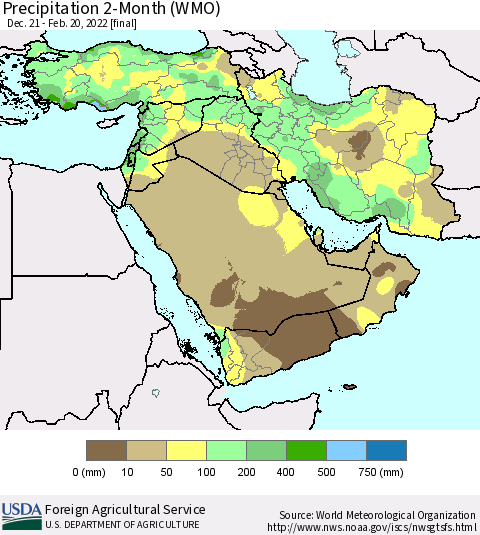 Middle East and Turkey Precipitation 2-Month (WMO) Thematic Map For 12/21/2021 - 2/20/2022