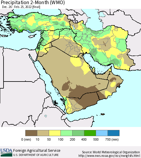 Middle East and Turkey Precipitation 2-Month (WMO) Thematic Map For 12/26/2021 - 2/25/2022