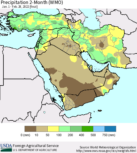 Middle East and Turkey Precipitation 2-Month (WMO) Thematic Map For 1/1/2022 - 2/28/2022