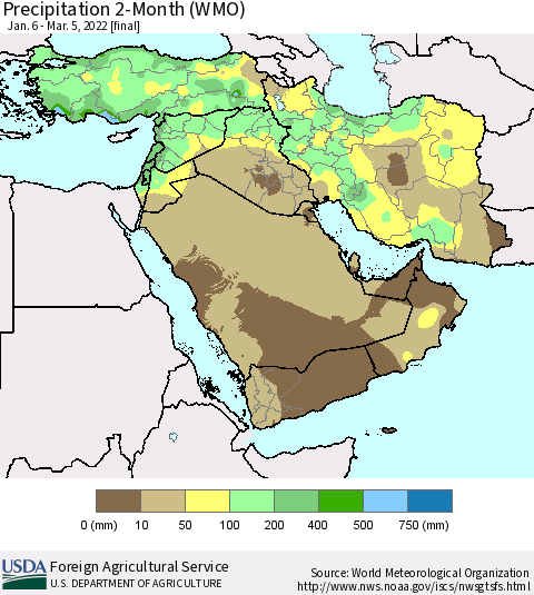 Middle East and Turkey Precipitation 2-Month (WMO) Thematic Map For 1/6/2022 - 3/5/2022