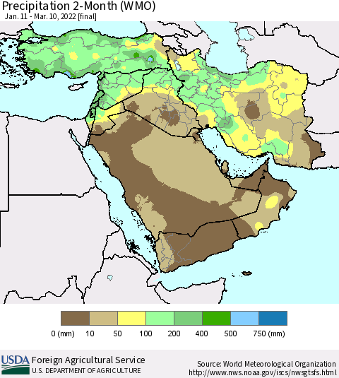Middle East and Turkey Precipitation 2-Month (WMO) Thematic Map For 1/11/2022 - 3/10/2022