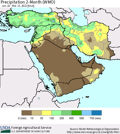 Middle East and Turkey Precipitation 2-Month (WMO) Thematic Map For 1/16/2022 - 3/15/2022