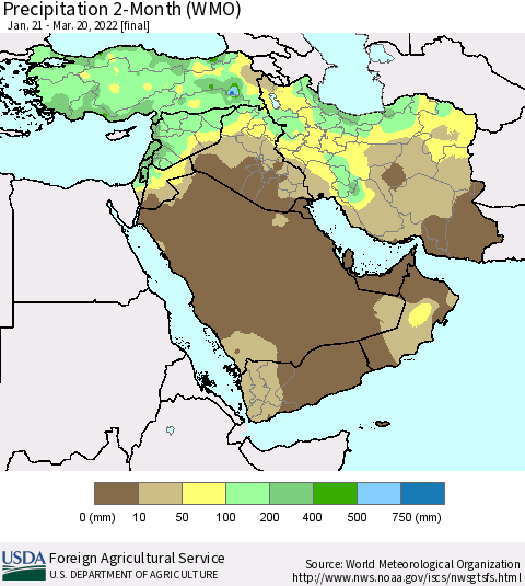 Middle East and Turkey Precipitation 2-Month (WMO) Thematic Map For 1/21/2022 - 3/20/2022