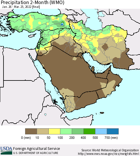 Middle East and Turkey Precipitation 2-Month (WMO) Thematic Map For 1/26/2022 - 3/25/2022