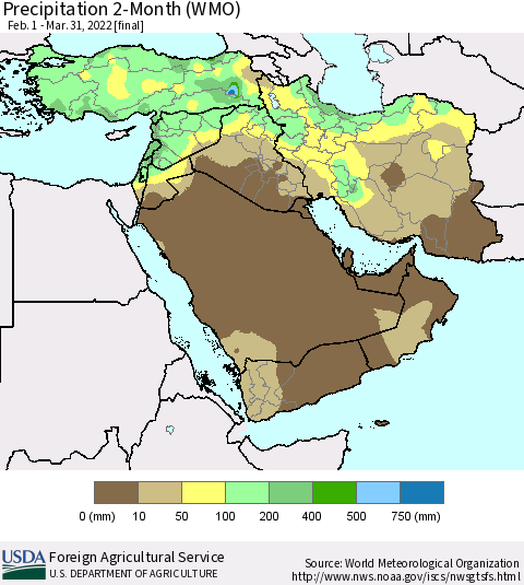 Middle East and Turkey Precipitation 2-Month (WMO) Thematic Map For 2/1/2022 - 3/31/2022