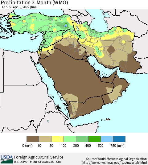 Middle East and Turkey Precipitation 2-Month (WMO) Thematic Map For 2/6/2022 - 4/5/2022