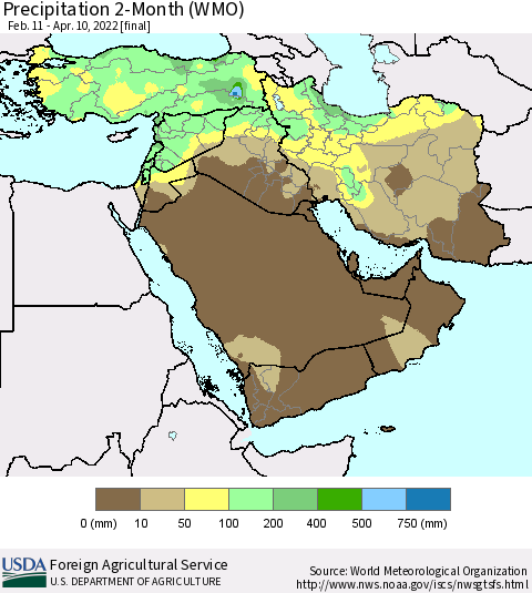 Middle East and Turkey Precipitation 2-Month (WMO) Thematic Map For 2/11/2022 - 4/10/2022