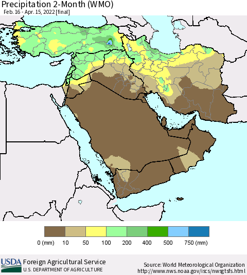 Middle East and Turkey Precipitation 2-Month (WMO) Thematic Map For 2/16/2022 - 4/15/2022