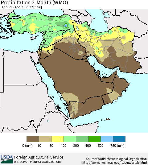Middle East and Turkey Precipitation 2-Month (WMO) Thematic Map For 2/21/2022 - 4/20/2022