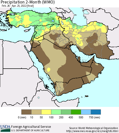Middle East and Turkey Precipitation 2-Month (WMO) Thematic Map For 2/26/2022 - 4/25/2022