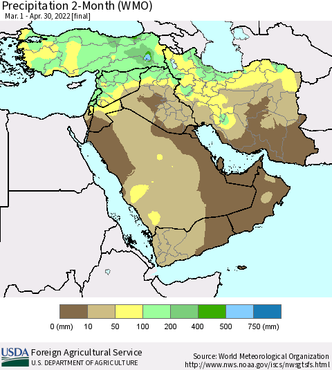 Middle East and Turkey Precipitation 2-Month (WMO) Thematic Map For 3/1/2022 - 4/30/2022