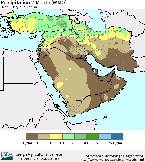 Middle East and Turkey Precipitation 2-Month (WMO) Thematic Map For 3/6/2022 - 5/5/2022