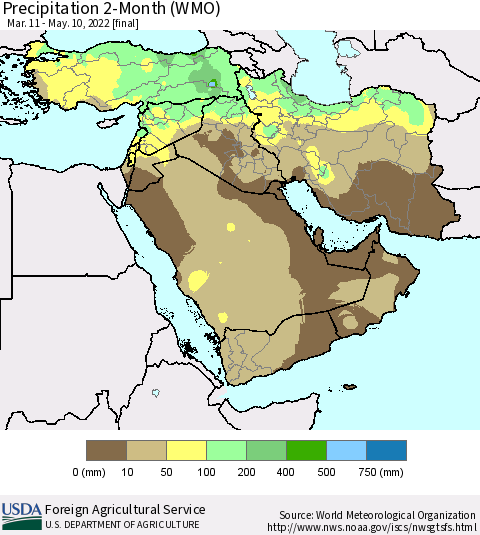 Middle East and Turkey Precipitation 2-Month (WMO) Thematic Map For 3/11/2022 - 5/10/2022