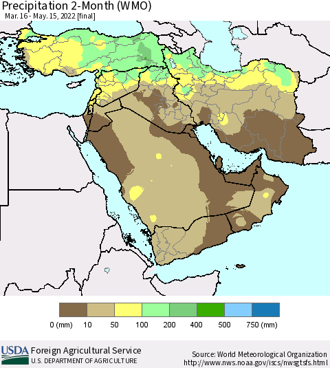 Middle East and Turkey Precipitation 2-Month (WMO) Thematic Map For 3/16/2022 - 5/15/2022