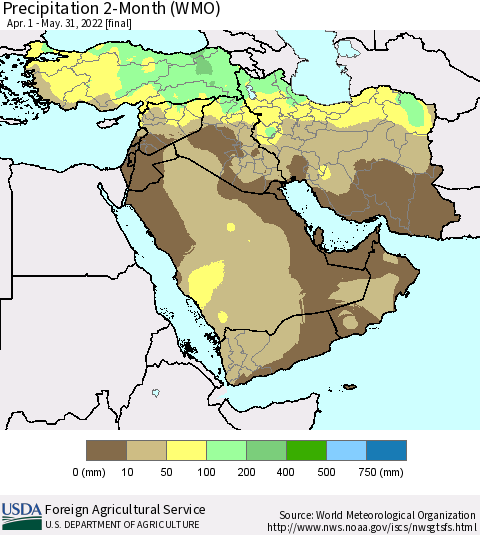 Middle East and Turkey Precipitation 2-Month (WMO) Thematic Map For 4/1/2022 - 5/31/2022