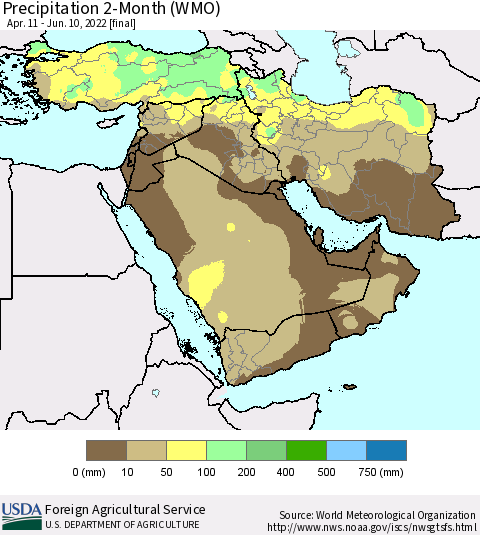 Middle East and Turkey Precipitation 2-Month (WMO) Thematic Map For 4/11/2022 - 6/10/2022