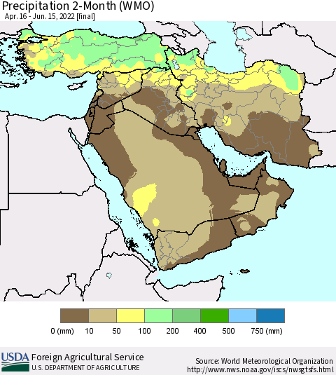 Middle East and Turkey Precipitation 2-Month (WMO) Thematic Map For 4/16/2022 - 6/15/2022