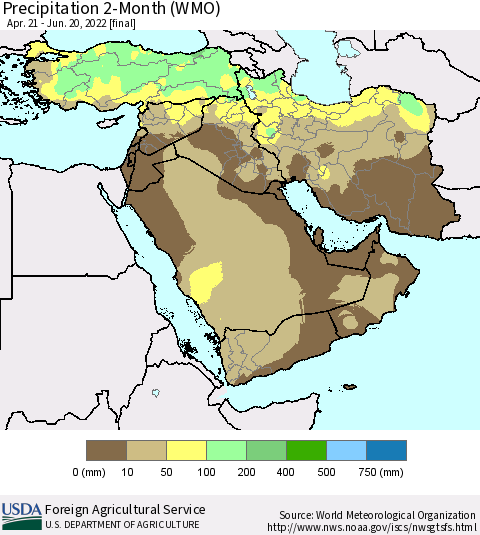 Middle East and Turkey Precipitation 2-Month (WMO) Thematic Map For 4/21/2022 - 6/20/2022