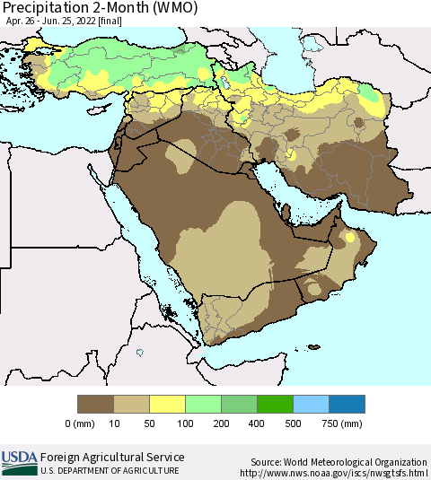 Middle East and Turkey Precipitation 2-Month (WMO) Thematic Map For 4/26/2022 - 6/25/2022