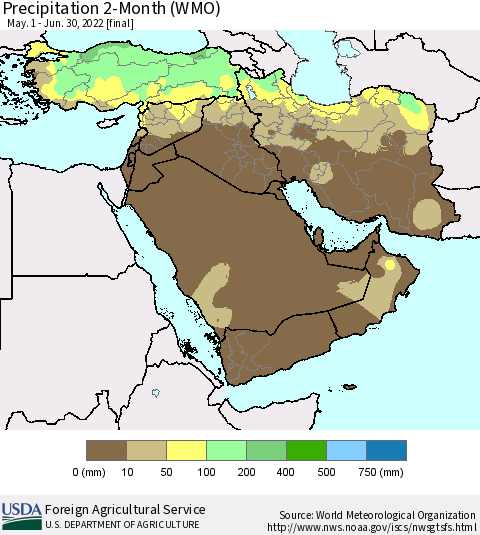 Middle East and Turkey Precipitation 2-Month (WMO) Thematic Map For 5/1/2022 - 6/30/2022