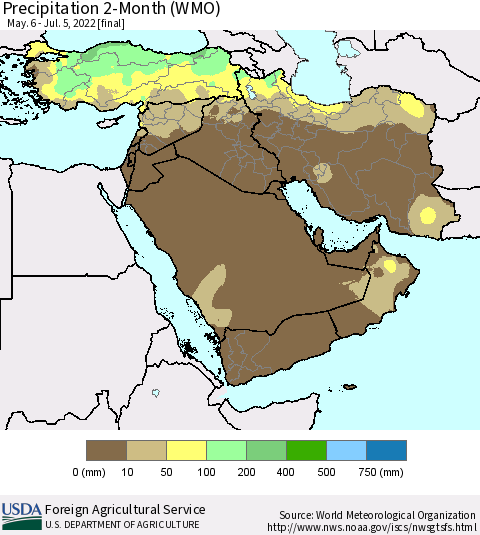 Middle East and Turkey Precipitation 2-Month (WMO) Thematic Map For 5/6/2022 - 7/5/2022