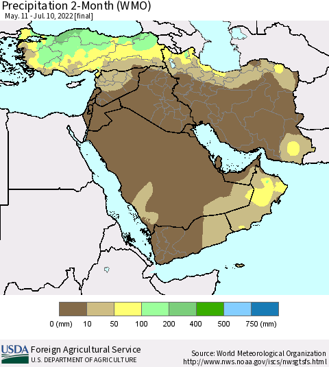 Middle East and Turkey Precipitation 2-Month (WMO) Thematic Map For 5/11/2022 - 7/10/2022