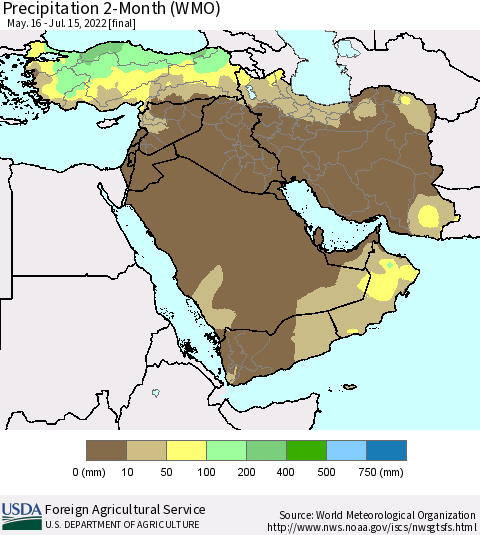 Middle East and Turkey Precipitation 2-Month (WMO) Thematic Map For 5/16/2022 - 7/15/2022
