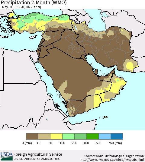 Middle East and Turkey Precipitation 2-Month (WMO) Thematic Map For 5/21/2022 - 7/20/2022