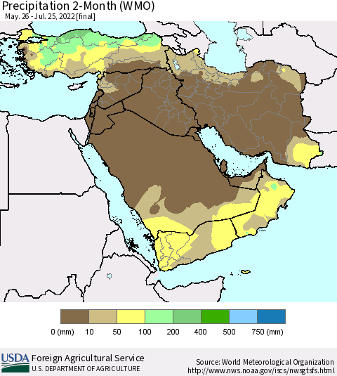 Middle East and Turkey Precipitation 2-Month (WMO) Thematic Map For 5/26/2022 - 7/25/2022