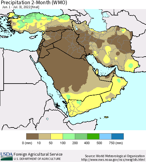Middle East and Turkey Precipitation 2-Month (WMO) Thematic Map For 6/1/2022 - 7/31/2022