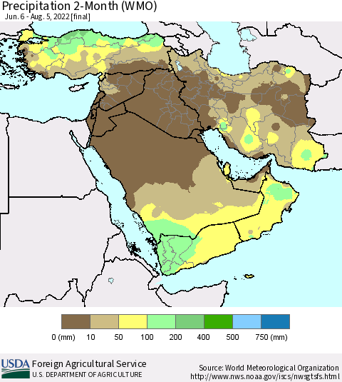 Middle East and Turkey Precipitation 2-Month (WMO) Thematic Map For 6/6/2022 - 8/5/2022