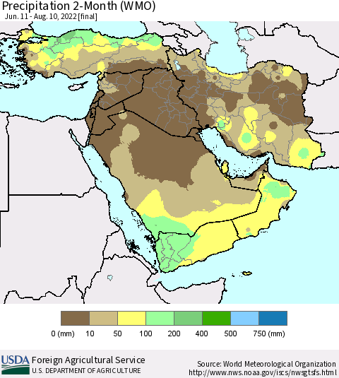 Middle East and Turkey Precipitation 2-Month (WMO) Thematic Map For 6/11/2022 - 8/10/2022